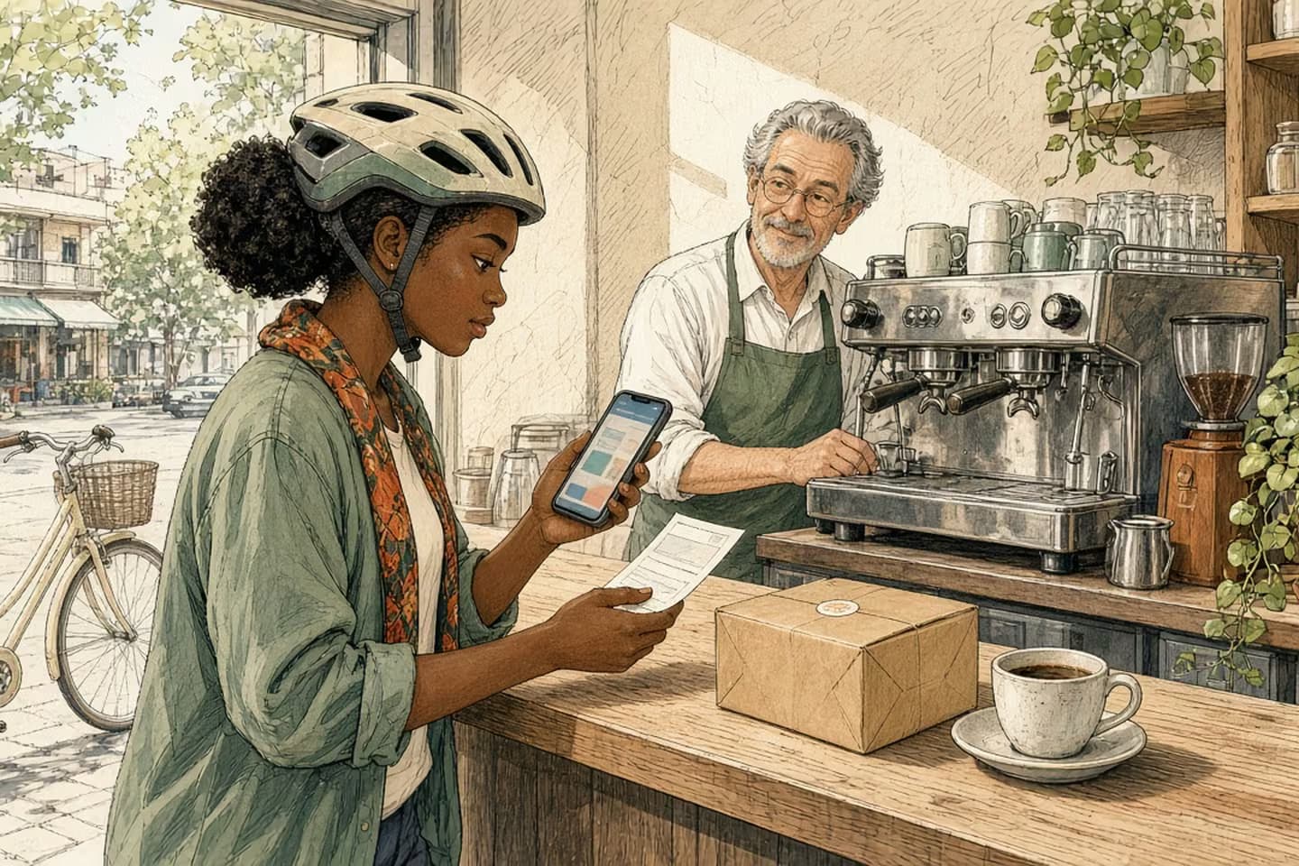 Editorial engraving of a sunny cafe counter where a cyclist in a helmet checks abstract tracking blocks on her phone beside a paper confirmation and a small kraft parcel while the barista works.