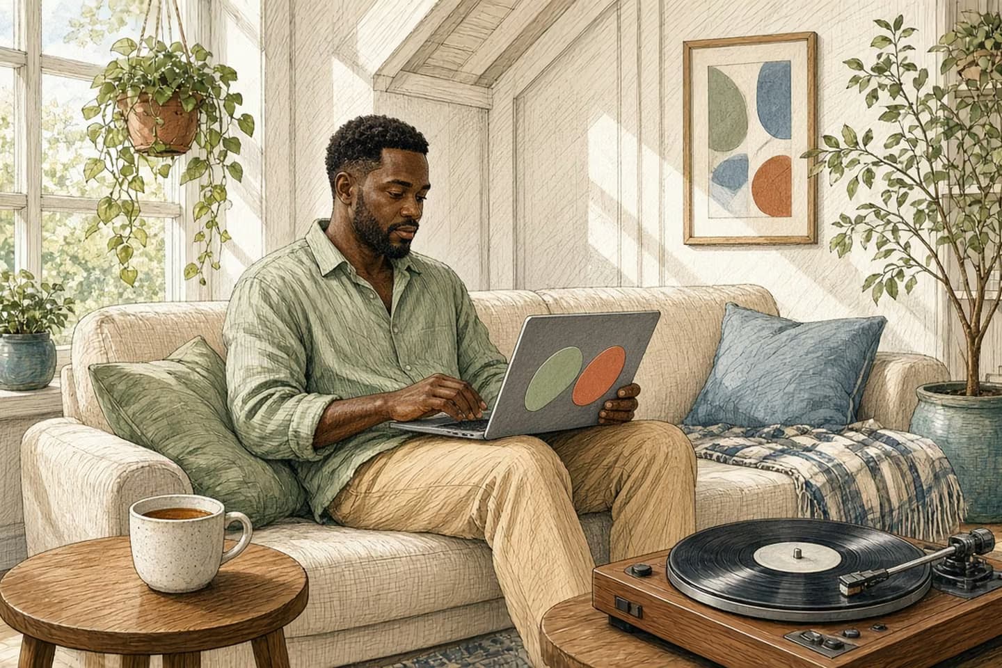 Editorial engraving of a sunny apartment where an older couple packs a suitcase and one of them looks at a phone beside an unopened coffee subscription box.