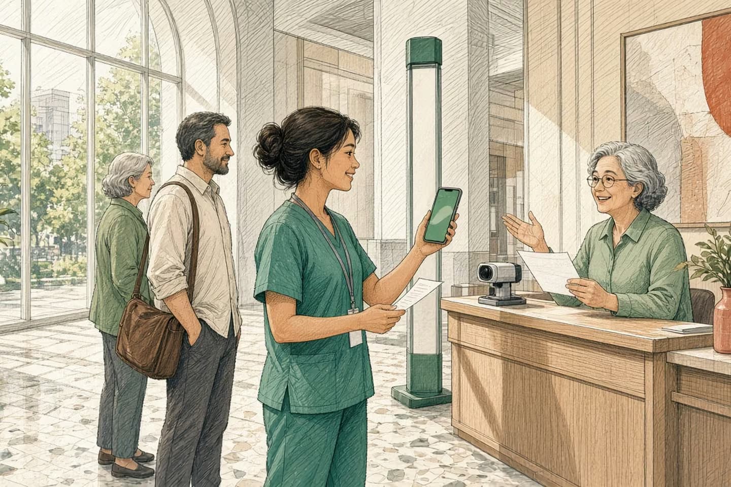 Editorial engraving of a sunlit municipal lobby where a resident with a payment receipt approaches a clerk holding a blank form and a small badge camera.