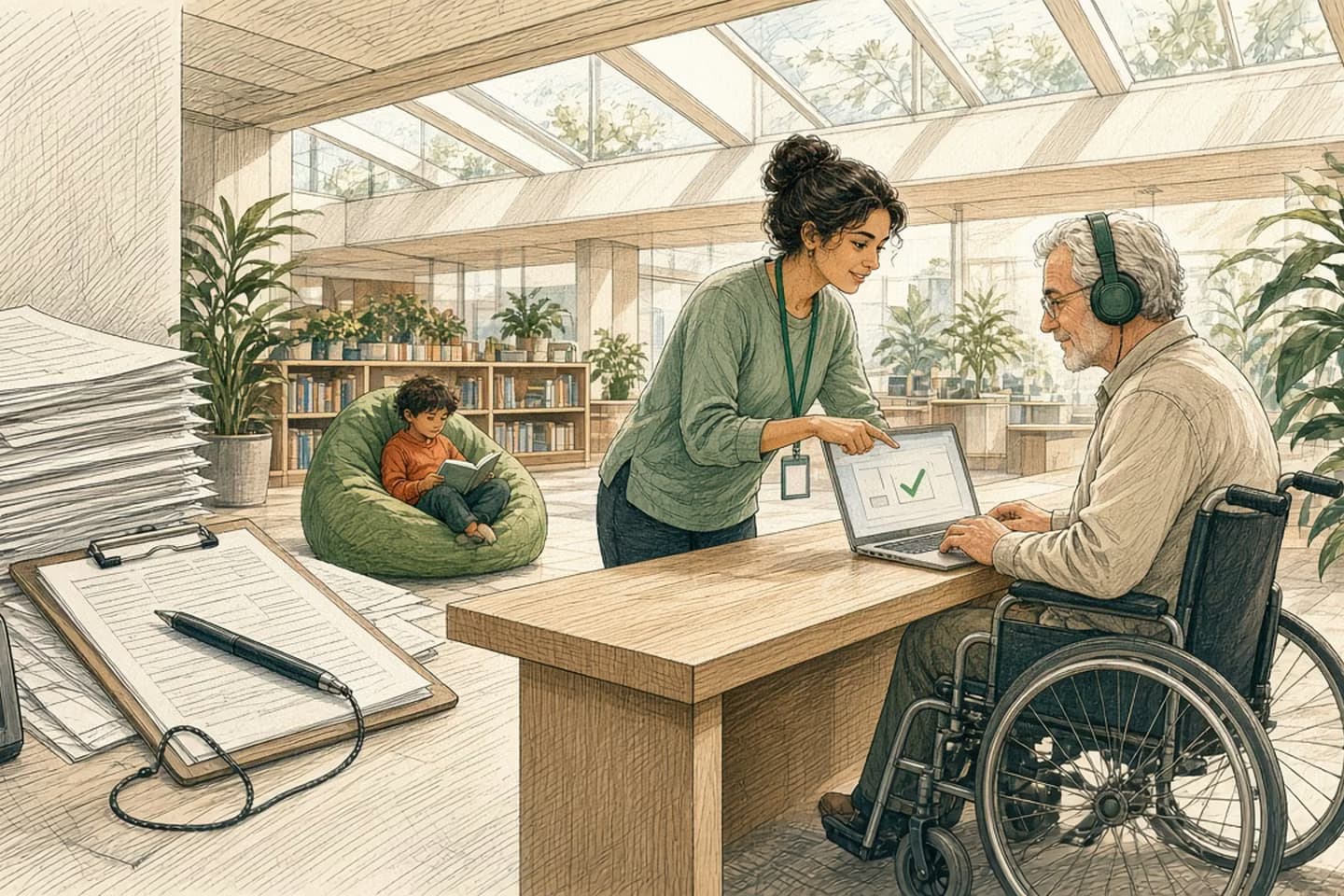 Editorial engraving of a bright civic library where a stack of paper forms sits on a counter at left, while at right a man in a wheelchair wearing headphones completes a short online form on a laptop with a staff member beside him.