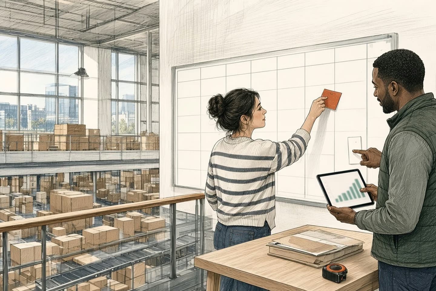 Editorial engraving of a sunny warehouse mezzanine where a marketing lead moves a promotion tag along a paper week planner while an operations manager compares it with a tablet.