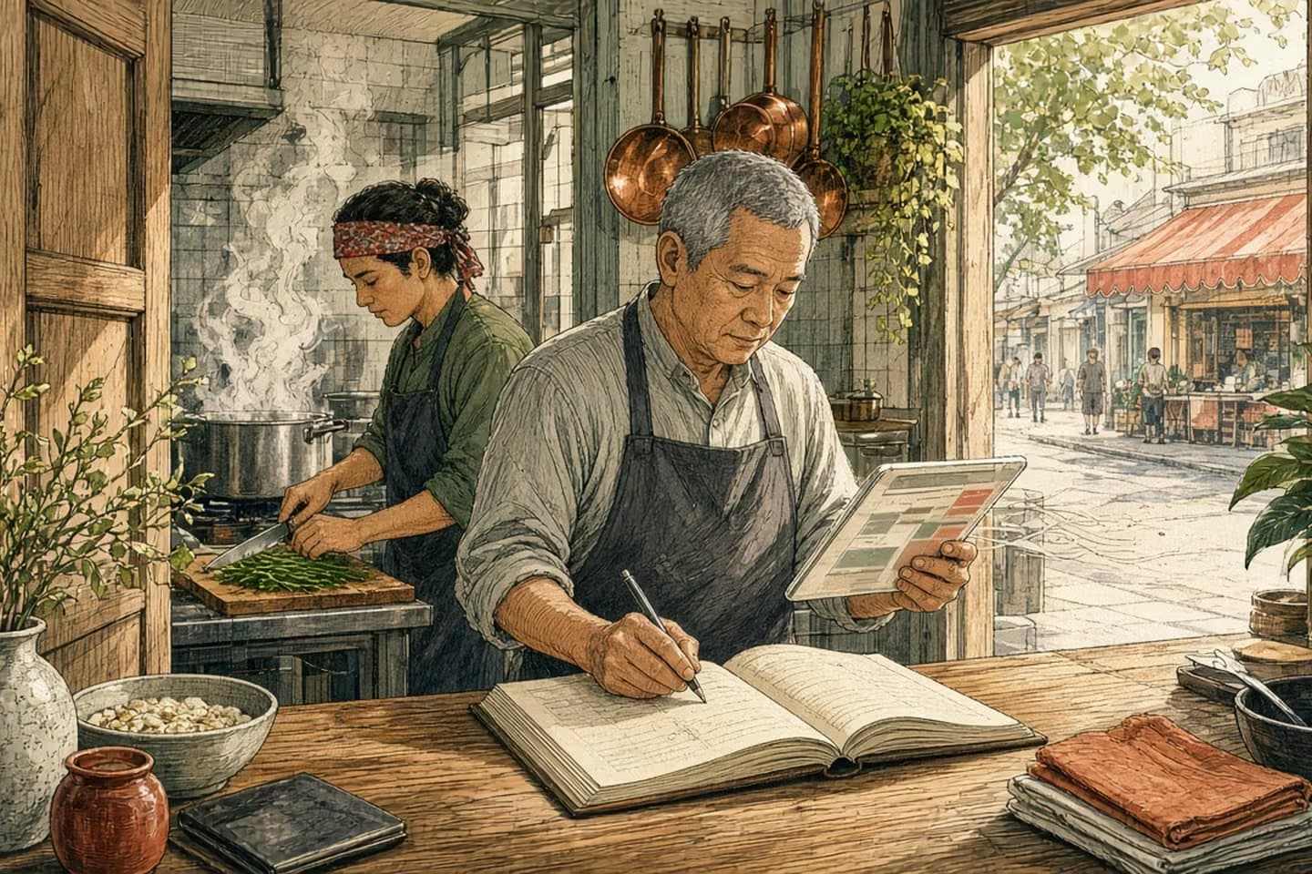 Editorial engraving of a sunlit noodle-restaurant counter where the owner keeps one hand on his own paper sales ledger while holding a tablet of abstract bars away from him, a cook chopping behind him and another restaurant visible across the street.