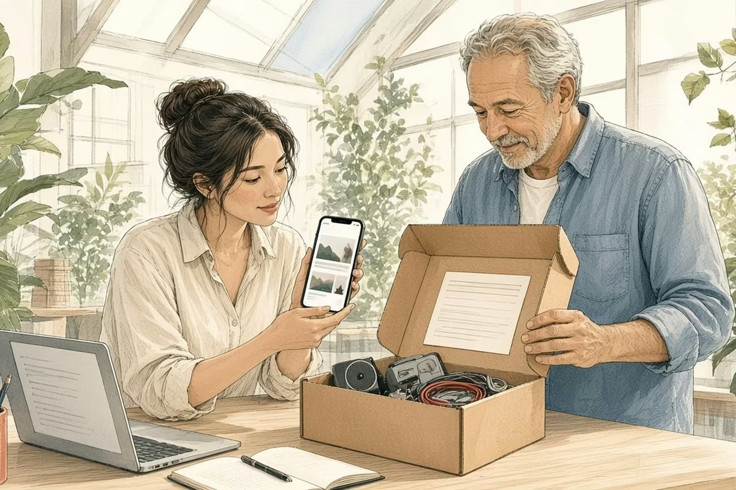 Editorial engraving of a glass-roofed app studio where a product owner compares her phone with an open parcel that holds more parts than its blank label suggests.