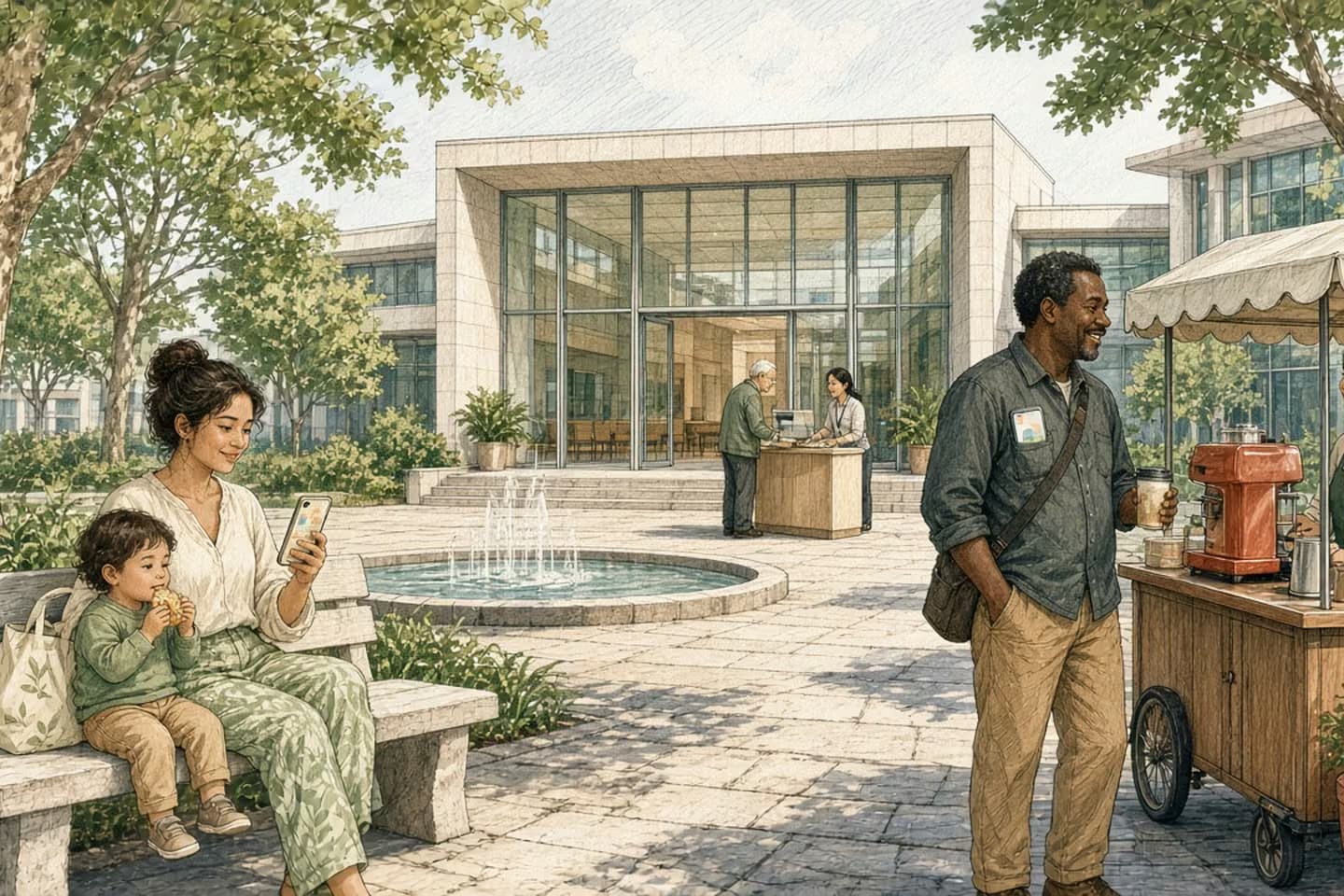 Editorial engraving of a sunny plaza outside a municipal building where a mother and toddler wait on a bench as her phone glows, a man buys coffee from a cart, and inside the open doors a staff member helps an elderly man at a kiosk.