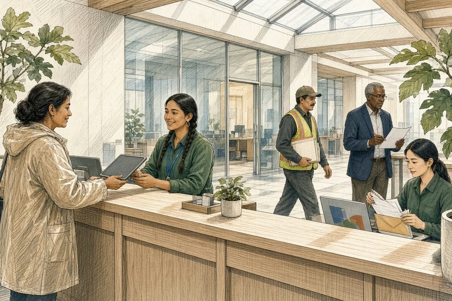 Editorial engraving of a skylit municipal service hall where a resident hands a tablet to a records clerk, while behind the counter an inspector brings folders, a lawyer reviews a document and a staffer prepares an envelope.