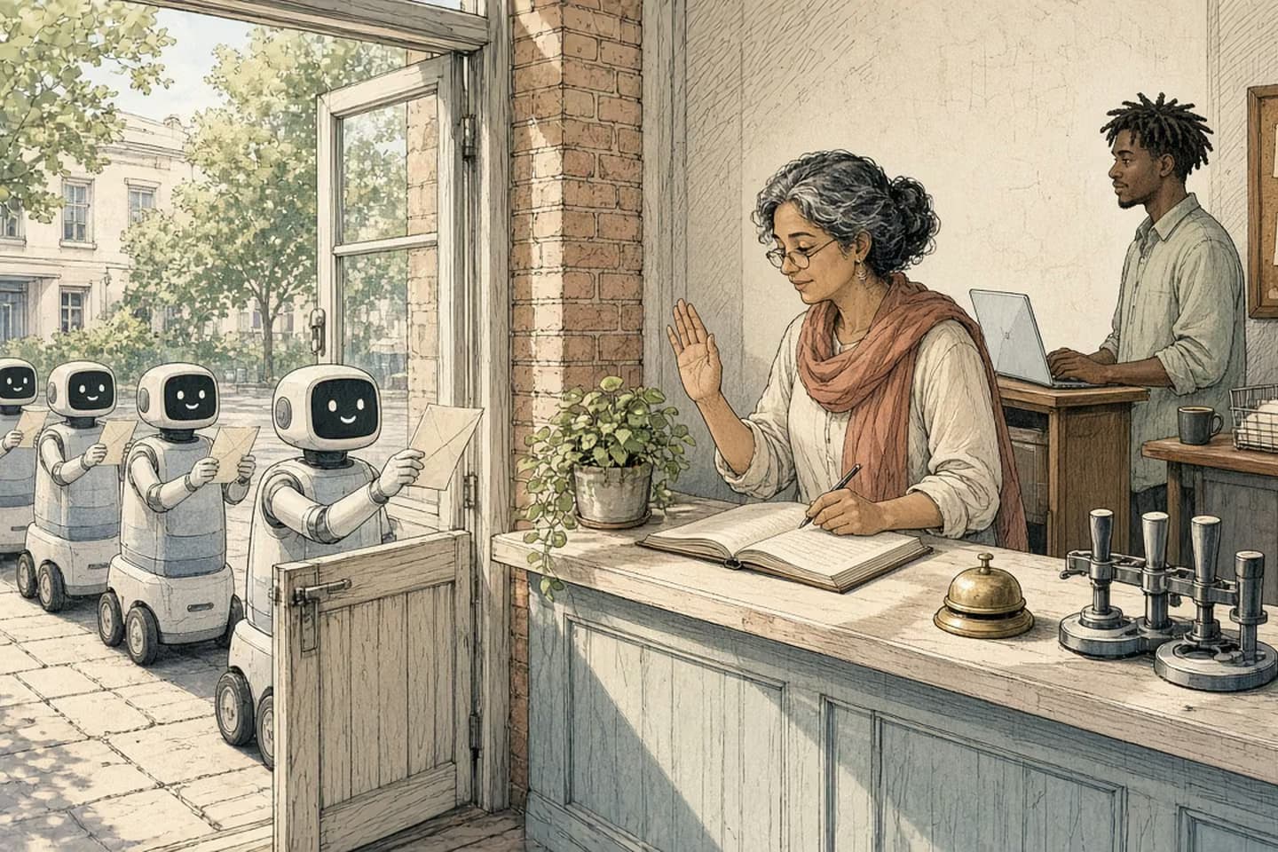 In a sunlit corner studio, a queue of small wheeled courier robots holding envelopes waits at an open service window while a woman in a terracotta scarf raises her palm to the first one and checks an open ledger, and a colleague works at a laptop at a tall desk behind her.