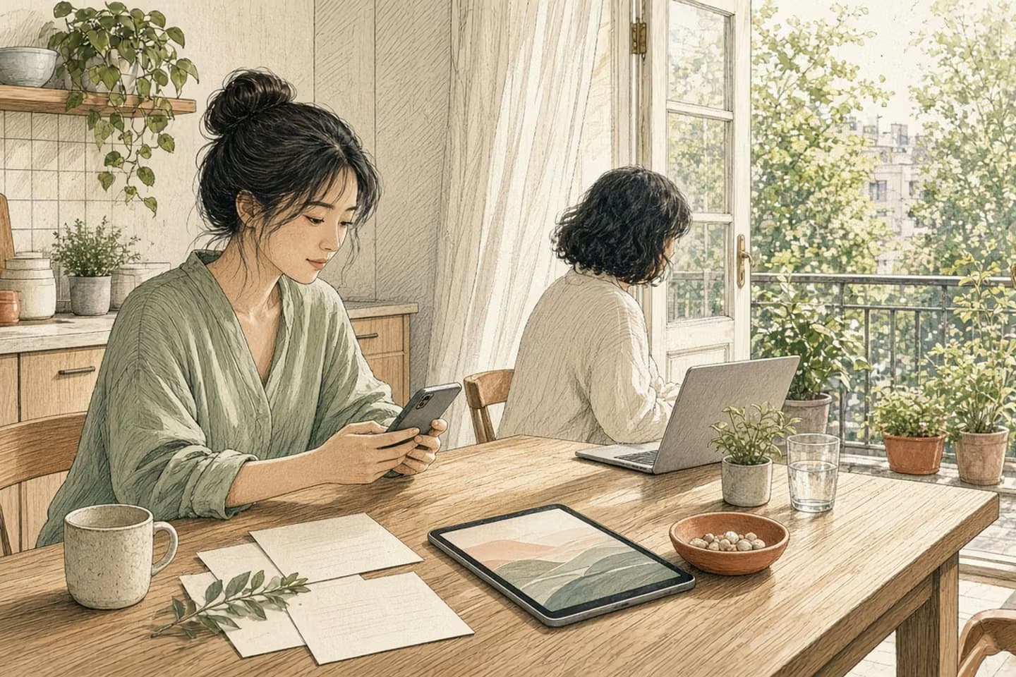At a sunny kitchen table by an open balcony, a woman checks her phone beside blank message cards and a tablet while a friend works on a laptop.