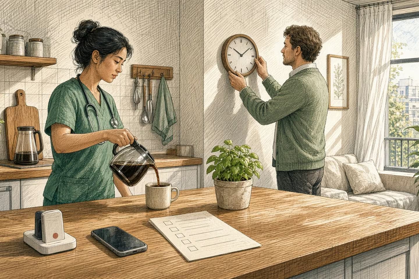 Editorial engraving of a sunlit kitchen where a nurse pours coffee beside a face-down phone on a dock while a partner adjusts a wall clock.