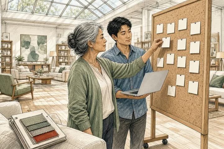Editorial engraving of a skylit furniture showroom where a merchandiser pins blank index cards into four columns on a rolling corkboard while a young colleague holds a laptop showing an empty results box, with sofas and a swatch book around them.