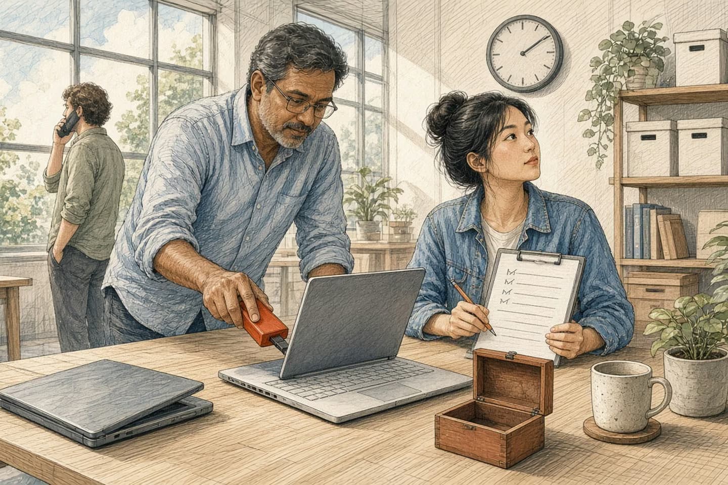In a sunny upstairs office, a grey-haired man plugs a small terracotta drive into a fresh laptop while an older laptop sits closed beside it, and a young woman in a denim jacket holds a checklist and glances up at the wall clock, timing the rebuild, with an open wooden box on the table and a colleague on a phone call by the window.
