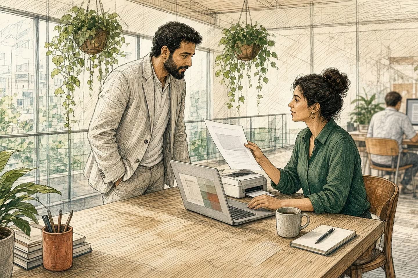 Editorial engraving of a bright coworking mezzanine where a founder shows an accountant a freshly printed blank PDF while a laptop displays abstract blocks.