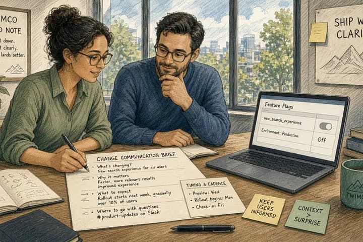Editorial illustration for Field Note: Write the change-communication brief before you flip the flag.