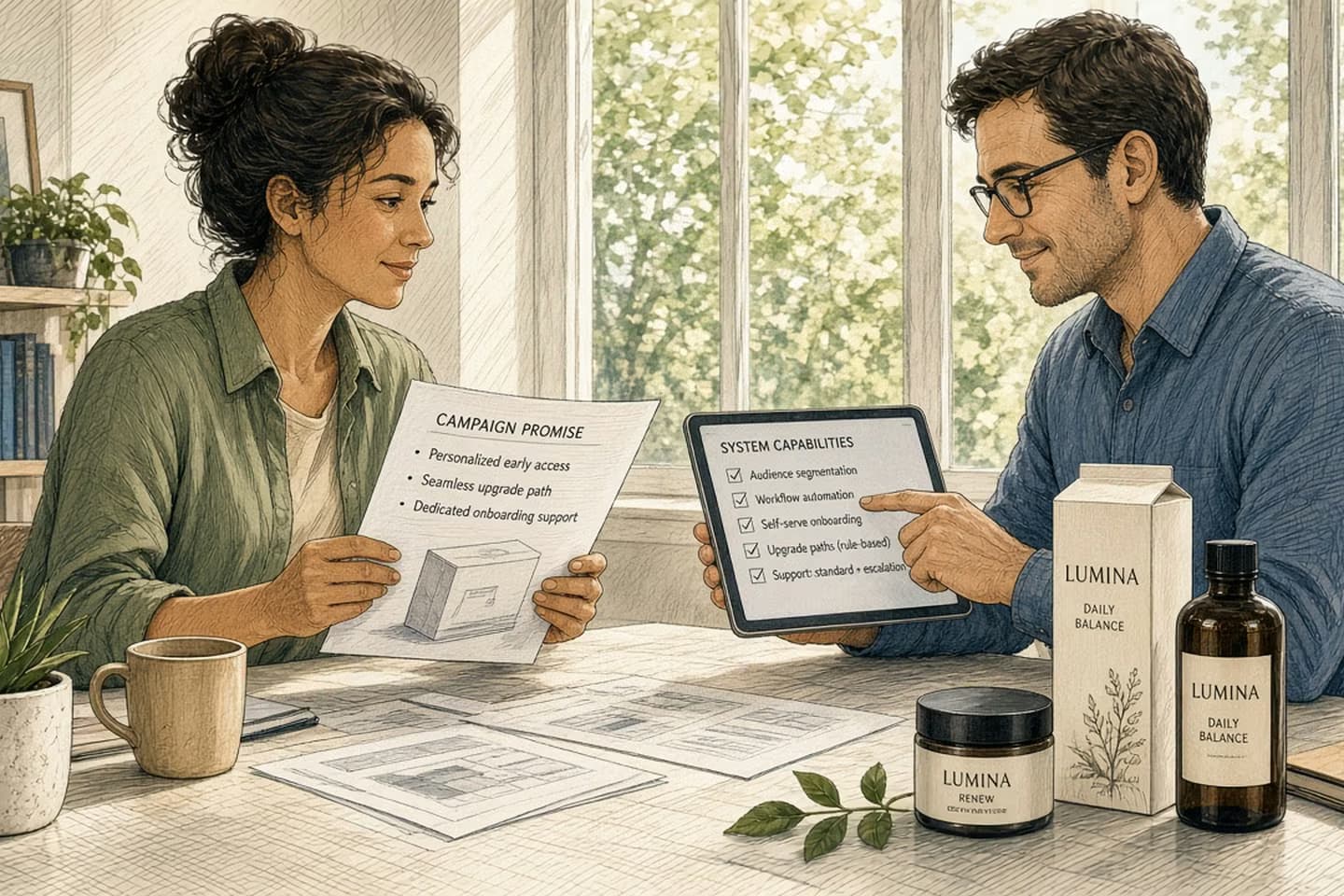 Editorial illustration for Field Note: Diff the customer promise against the system before the campaign ships.