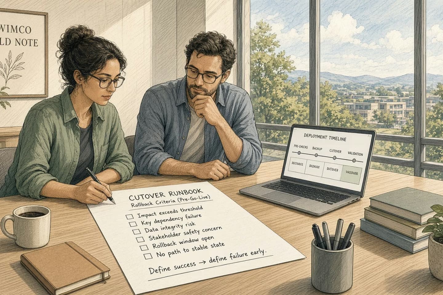 Editorial illustration for Field Note: Write rollback criteria before you cut, not after it hurts.