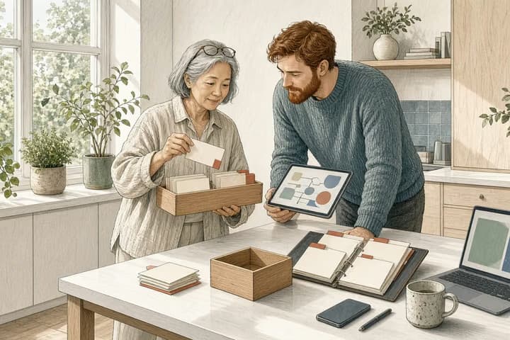 In a sunny office kitchen, a woman sorts index cards from an old wooden box into a new box and a ring binder, holding up one card with an orange tab while a colleague with a tablet showing a simple flow diagram looks on.