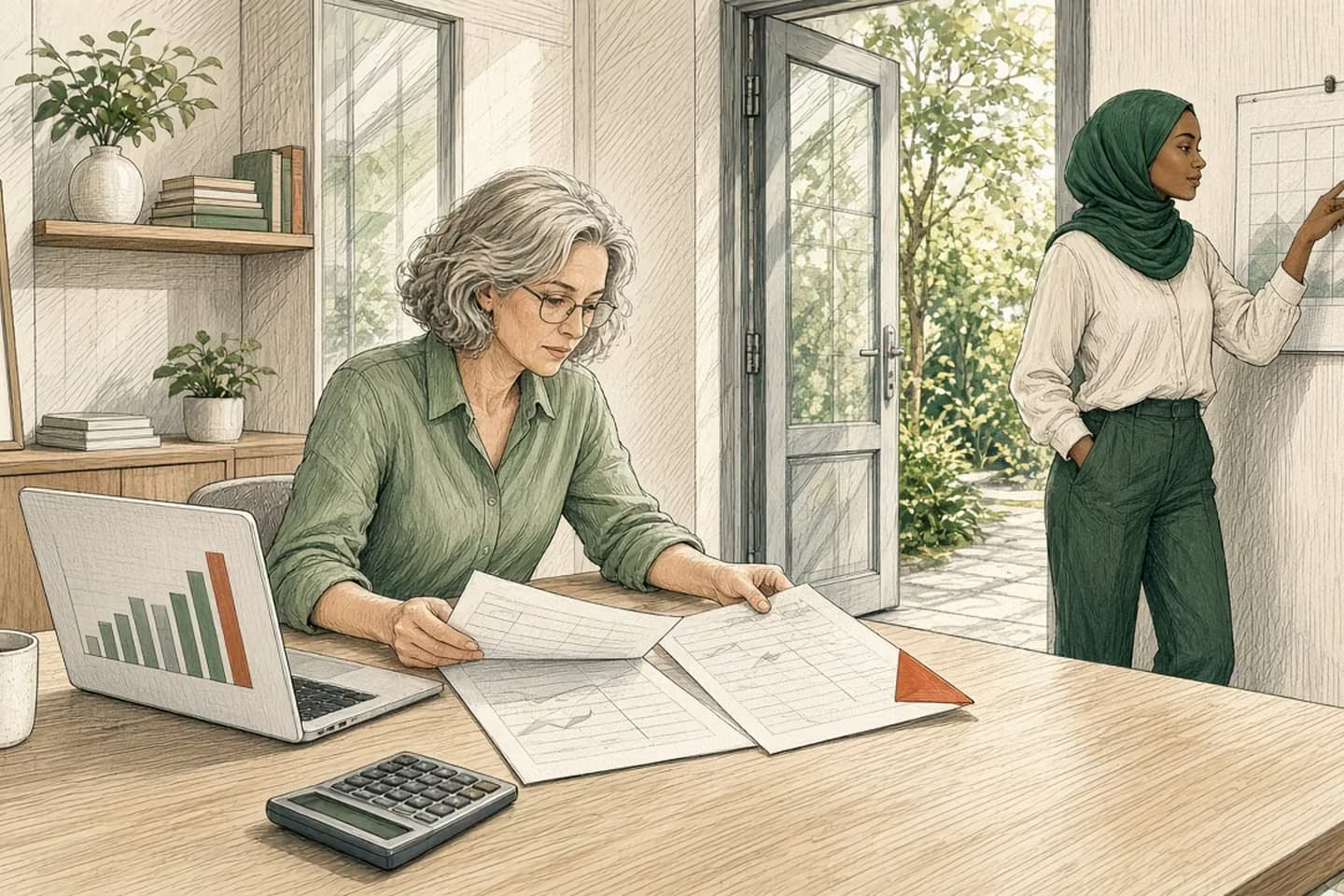Editorial engraving of a bright finance nook where a controller compares two printed quotes while an operations lead points at a wall calendar.
