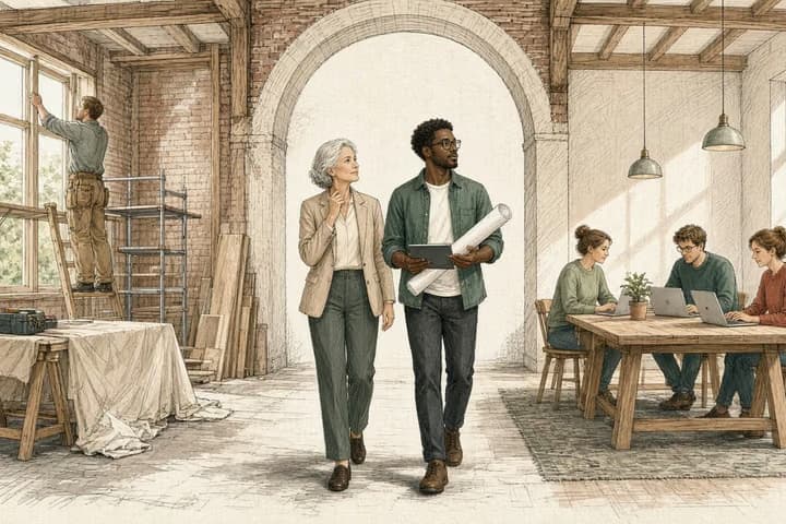 Editorial engraving of an old building renovated room by room, with scaffolding and a carpenter on one side, a finished room in use by a working team on the other, and an owner and architect walking through the arch between them.