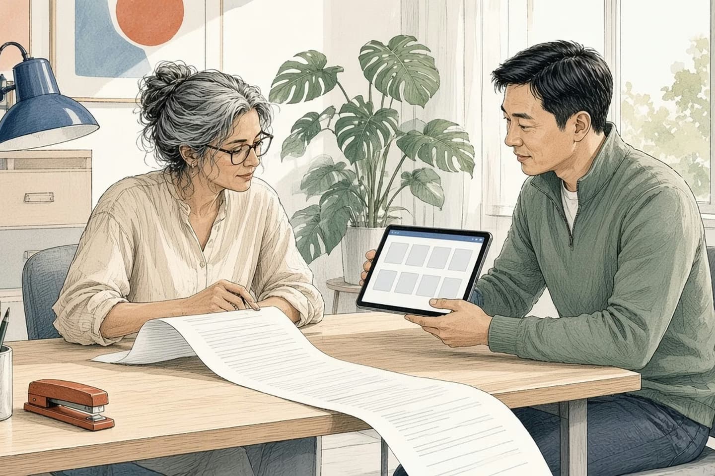 Editorial engraving of a sunlit office where a long printed report spills across a desk as a developer shows a finance lead a tablet with a tidy grid of blocks.