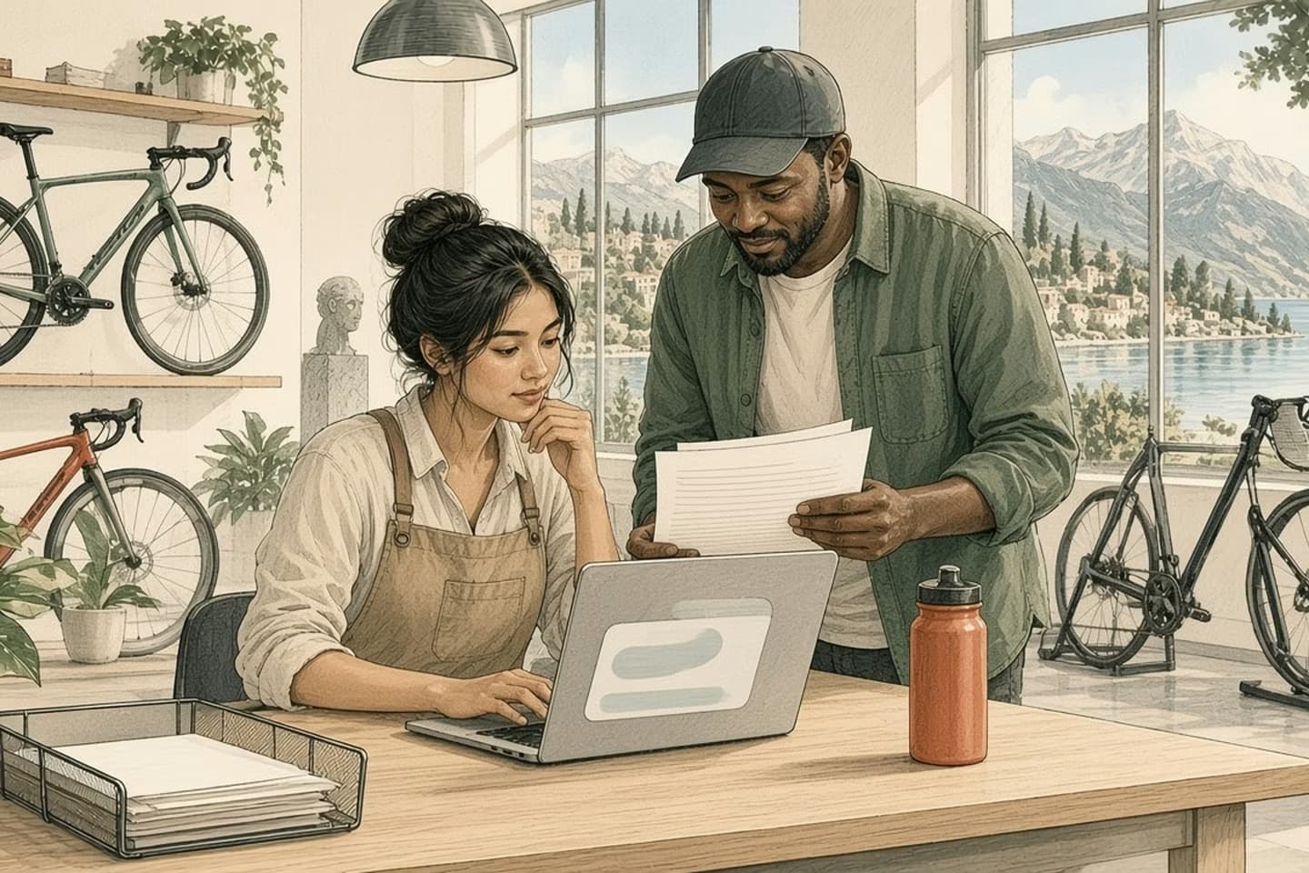 Editorial engraving of a bright bicycle shop where a support lead reviews drafted replies on a laptop while the owner compares them with paper letters before anything is sent.