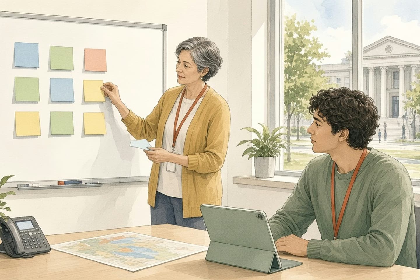 Editorial engraving of a bright county meeting room where a coordinator arranges blank sticky notes on a whiteboard while a young colleague at the table looks on, a map and desk phone in front of him and a courthouse visible through the window.