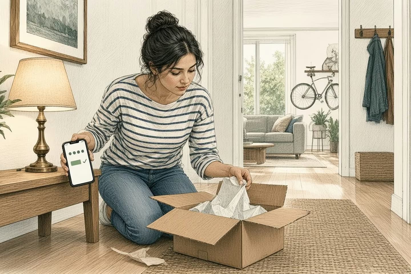 Editorial engraving of a sunny apartment hallway where a buyer kneels beside an opened box with a glowing vintage lamp and rates the order on her phone.