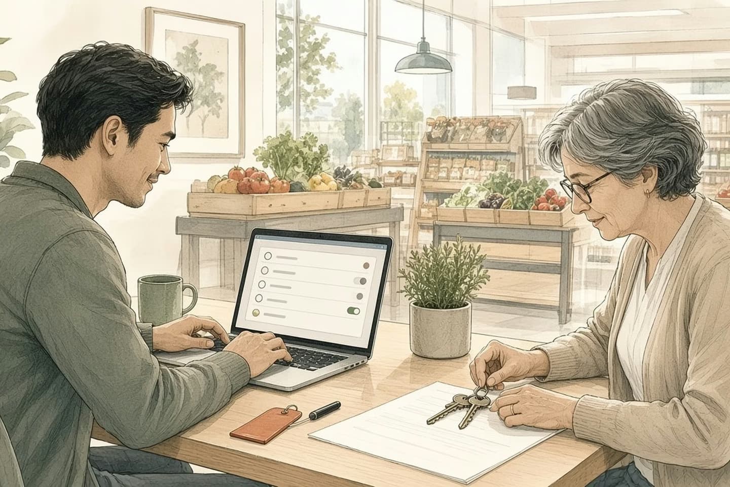 Editorial engraving of a grocery co-op office where a web manager reviews a list of settings on a laptop while the owner sorts a ring of old keys on the desk.