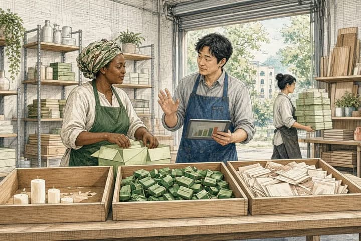 Editorial engraving of a bright candle shop back room where a packer assembles gift boxes from three bins, the candle bin nearly empty, as a colleague with a tablet glances at it and raises a hand to pause, while another carries finished boxes.