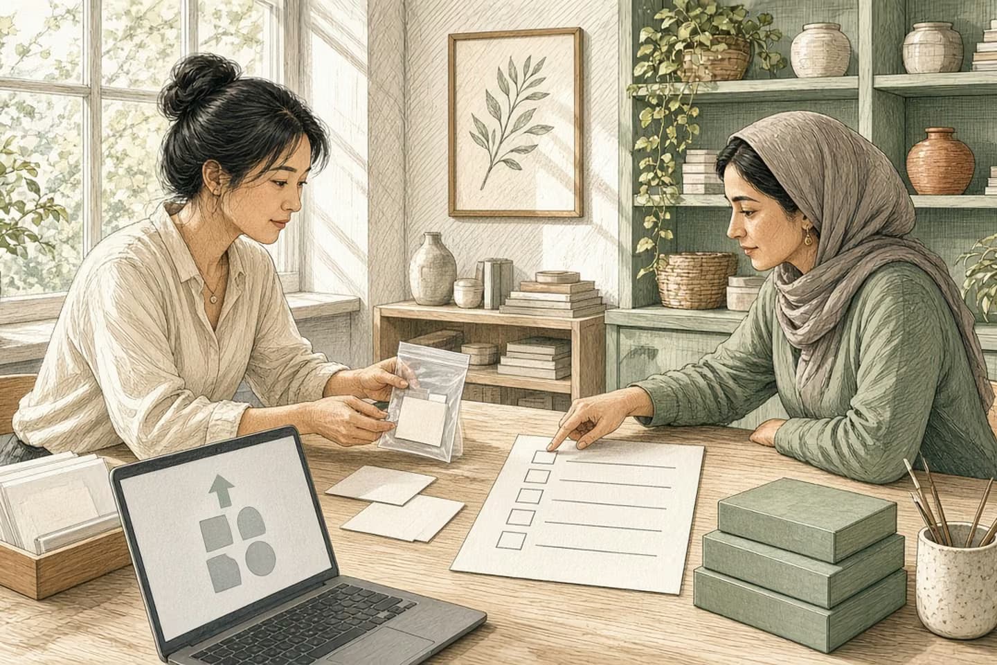 In a bright seller studio, a seller sets out blank photo cards and a sealed sample bag while a partner points at an empty checklist.