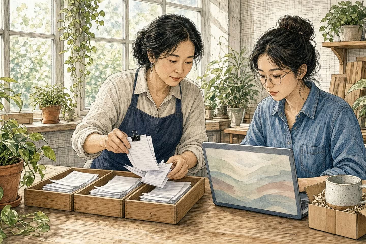 Editorial engraving of a tall-windowed operations room where a lead sorts paper order slips into three trays while a colleague checks a laptop beside a sample ceramic mug.