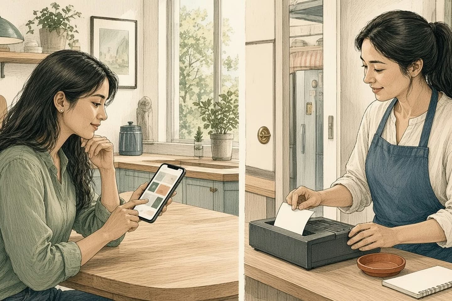 Editorial engraving of a sunlit home and boutique doorway where a shopper pauses on her phone while a merchant receives a printed order slip at the counter.