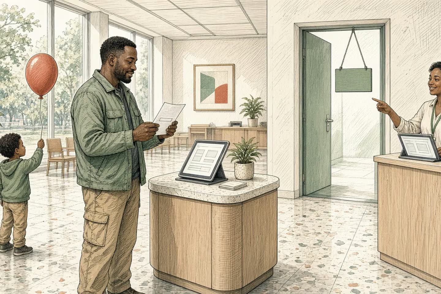 Editorial engraving of a sunlit municipal hall where a contractor reads a blank status slip as a clerk points toward a single open door.