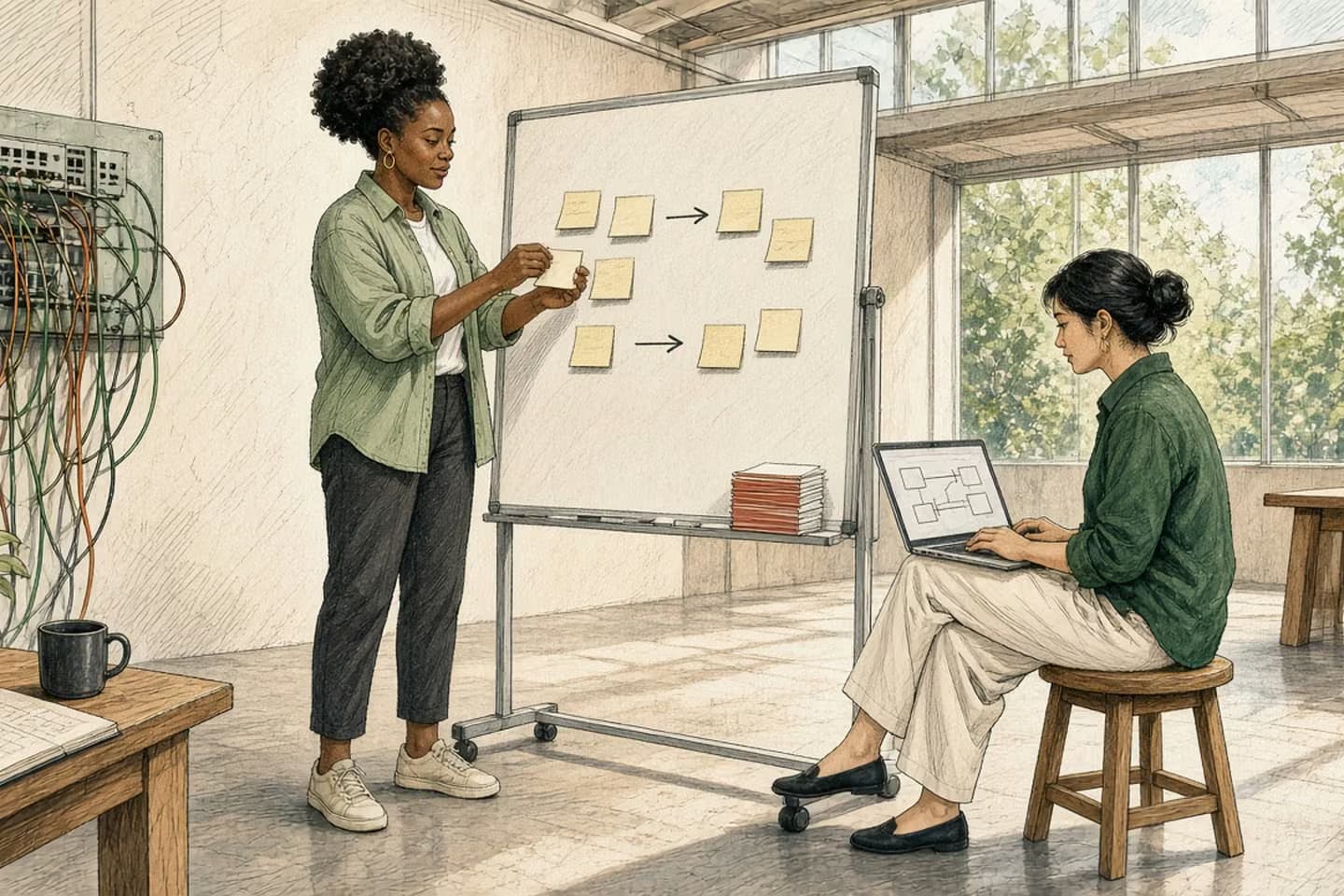 Editorial engraving of a sunlit ops loft where an engineer sorts blank routing cards at a whiteboard while a colleague holds a laptop of abstract blocks.