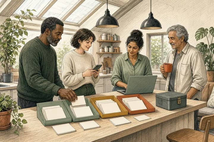 Editorial engraving of a bright office kitchen where four colleagues of different ages stand at a counter sorting blank cards into green, ochre and terracotta folders and a small locked tin, with a phone and laptop among them.