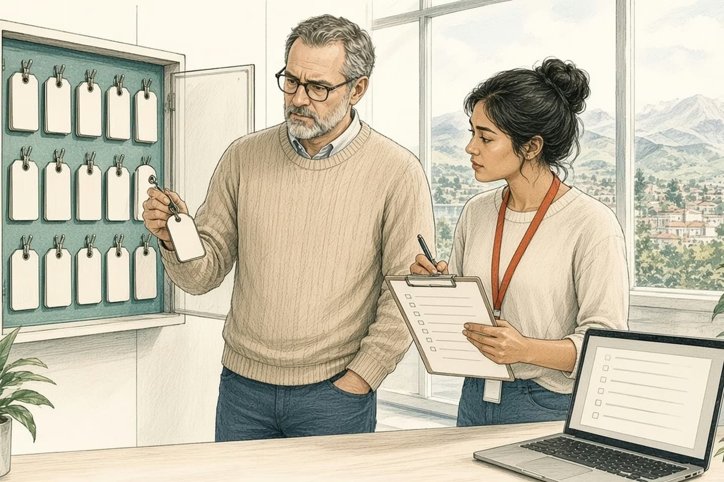 Editorial engraving of a bright public office with a view of green hills where an IT officer holds up an old tagged key from a wall cabinet as a colleague checks a list.