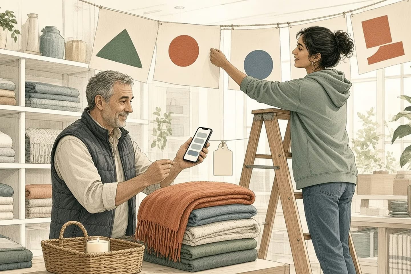 Editorial engraving of a sunny home-goods shop where a merchandiser on a ladder takes down a sale banner while a manager compares a price tag with his phone.