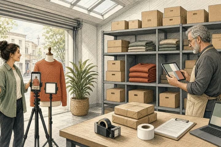 In a sunlit stockroom, a young woman films a terracotta sweater on a dress form with a phone on a tripod while an older colleague checks the shelves on a tablet, beside a packing table with sealed parcels ready to ship.