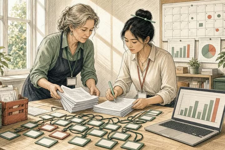 Editorial engraving of a sunny campaign office where a director compares a thick contact stack to a thin curated stack while a coordinator clips the thinner pile.