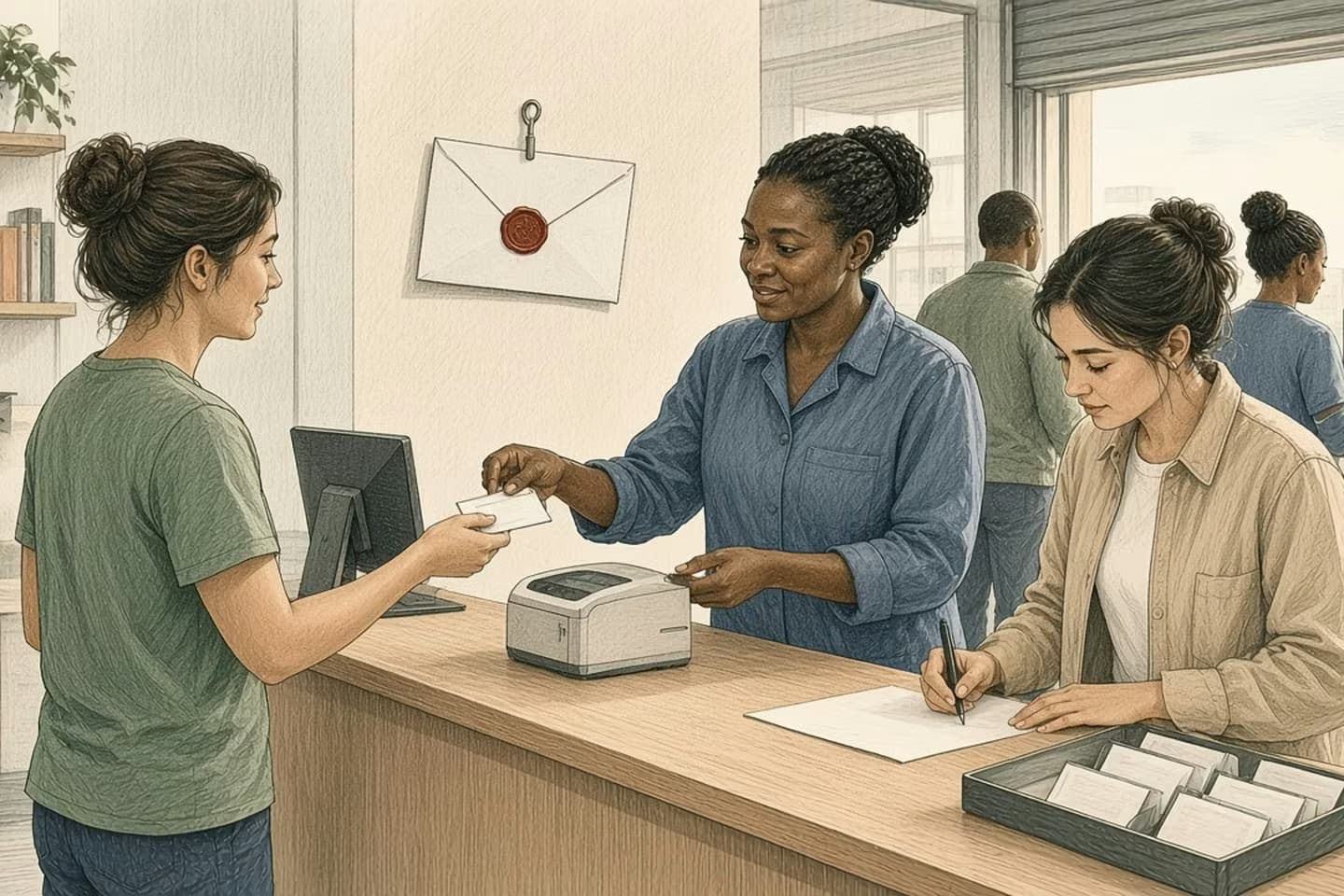 Editorial engraving of a sunny receiving office where a lead hands a seasonal temp her own badge while another temp signs a roster, a sealed envelope hanging on the wall behind them.