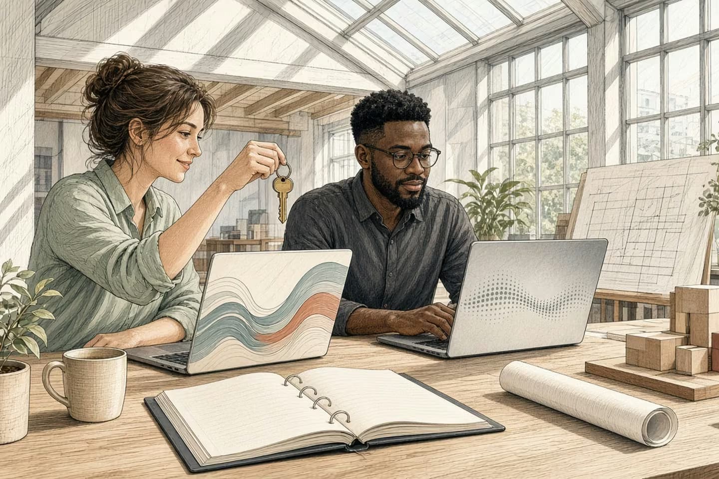 In a skylit engineering loft, an engineer holds up a brass key above a laptop of wave lines while a colleague watches a row of dots on his screen.