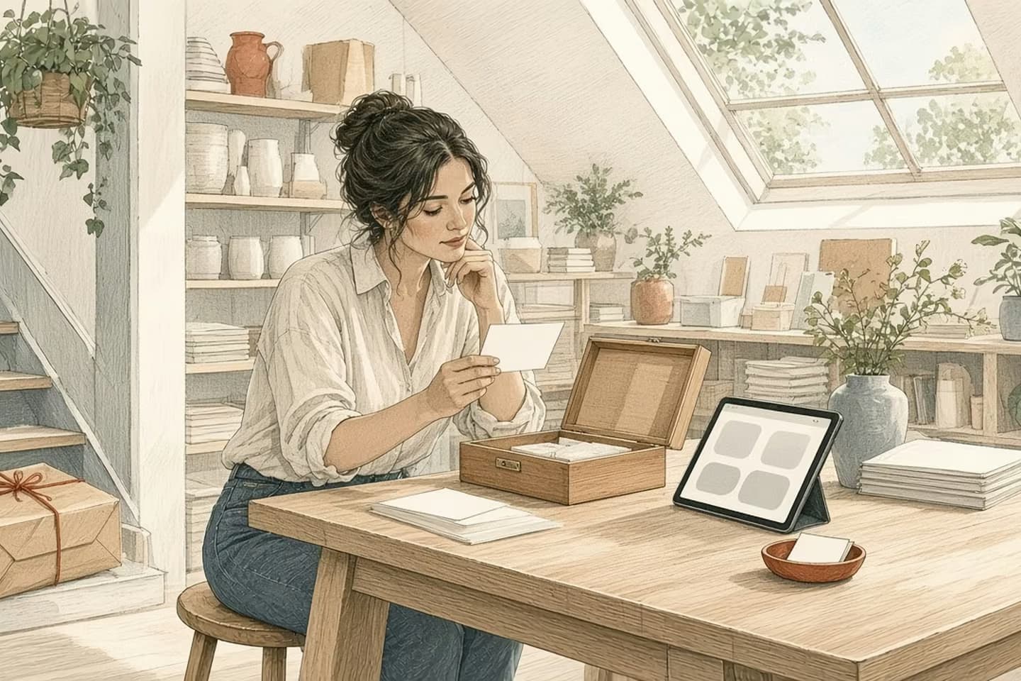 Editorial engraving of a shop owner in a sunlit loft sorting blank index cards from a wooden box beside a tablet, keeping some and setting one aside.
