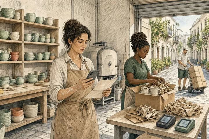 Editorial engraving of a sunny ceramics studio where the owner calmly reads her phone while holding a folded plan, an assistant keeps packing mugs, a courier waits at the open door and two card terminals sit on the counter.