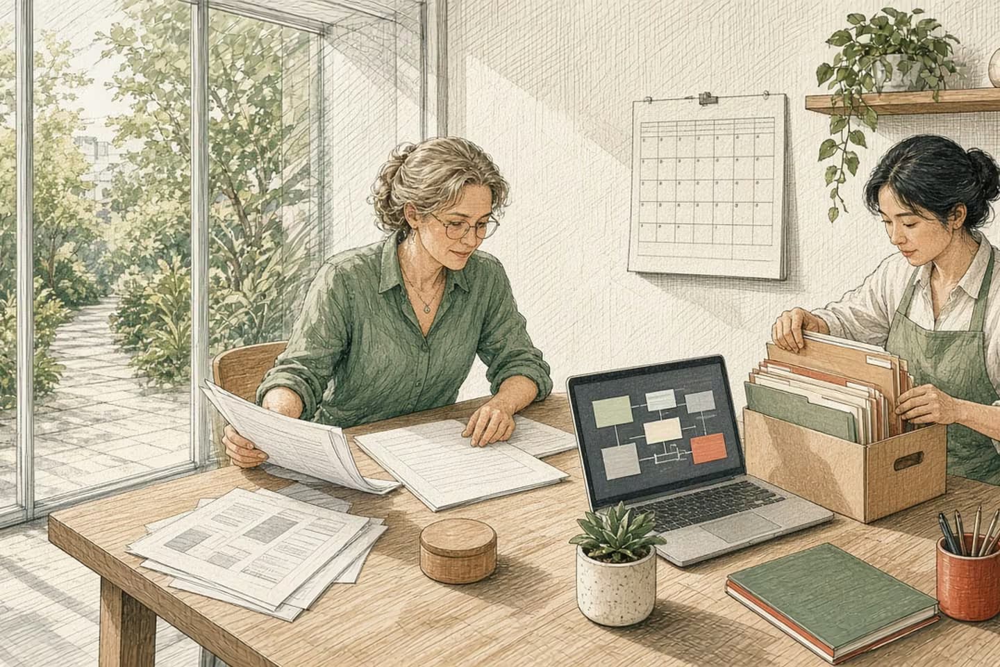 Editorial engraving of a bright vendor desk where a buyer spreads export sheets while an ops lead packs an archival box of empty folders.