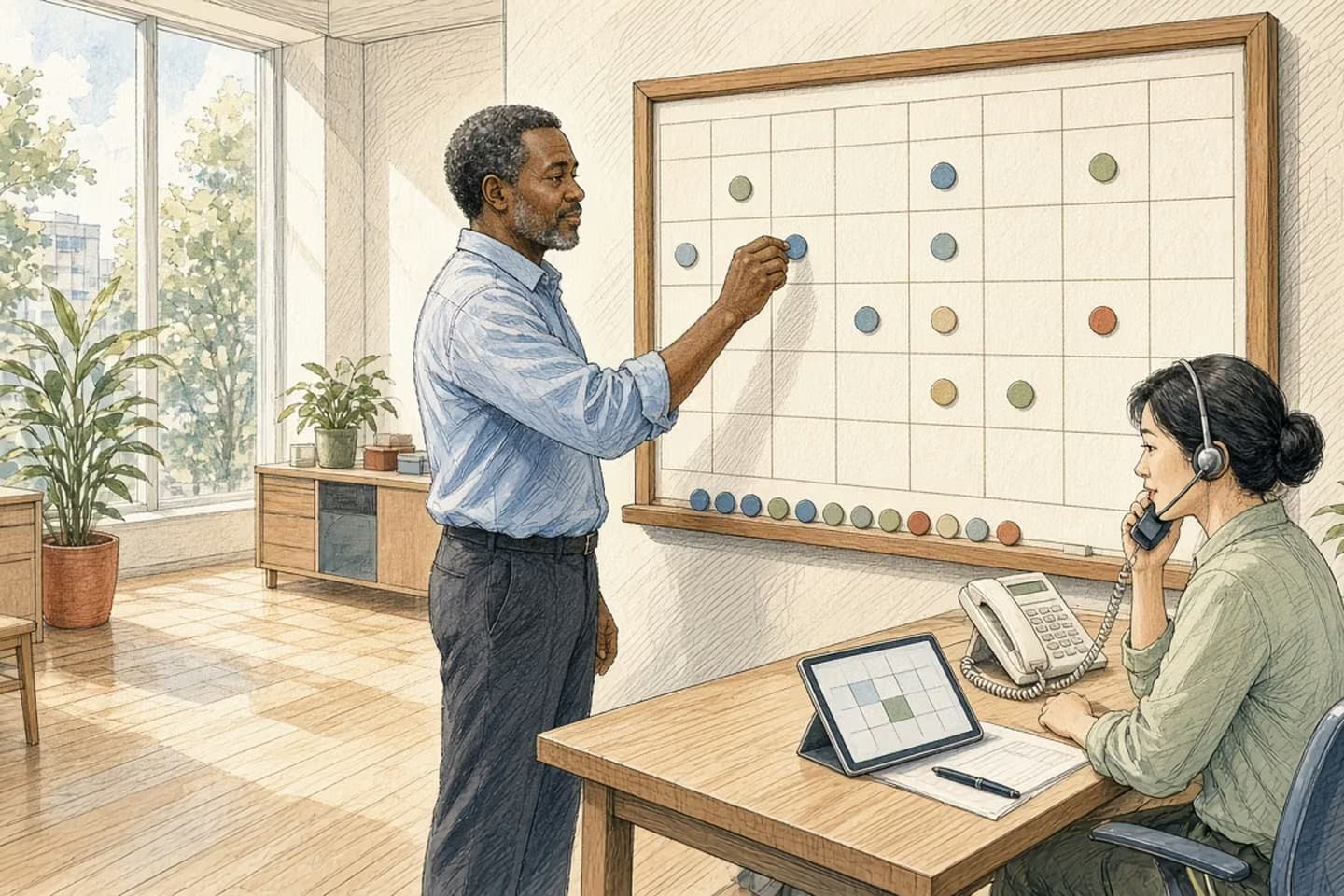 Editorial engraving of a bright municipal back office where a coordinator moves a token from an open calendar square to the first in a row of waiting tokens.