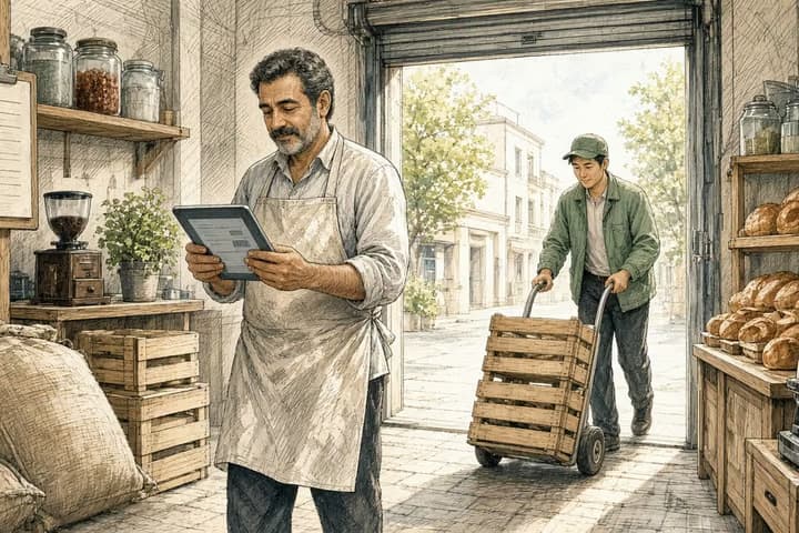 Editorial engraving of a sunlit bakery back room where the owner in a flour-dusted apron reorders on a tablet beside stacked crates and a clipboard of last month's order, while a delivery driver wheels in crates through an open roll-up door.