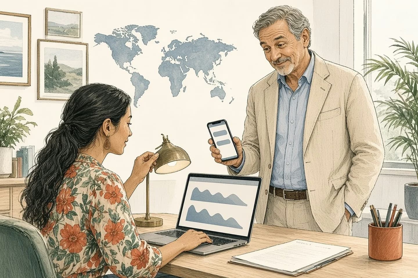Editorial engraving of a travel agency office where an operations lead switches off an old desk lamp as a new workflow goes live while the owner checks two identical messages on his phone.
