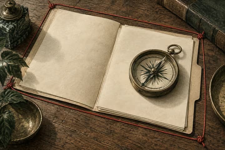 A brass compass rests on an open task folder bounded by a red thread