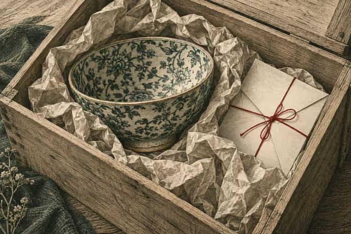 An open delivery crate protects a ceramic bowl alongside a return envelope