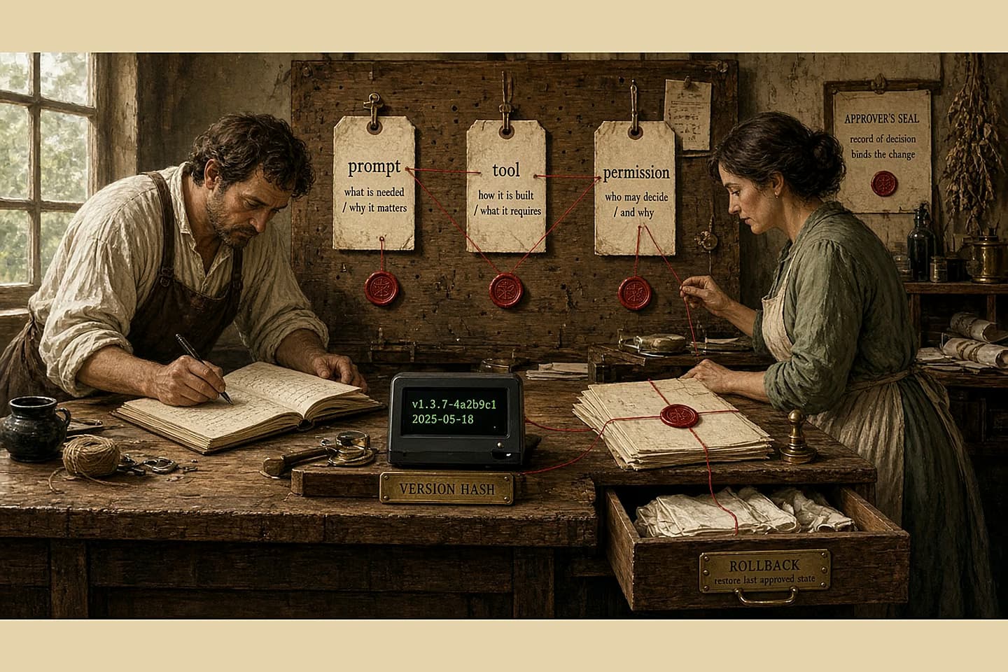 Antique workshop with labeled change tickets on a pegboard—prompt, tool, permission—red thread tying each to an approver stamp and a rollback drawer.