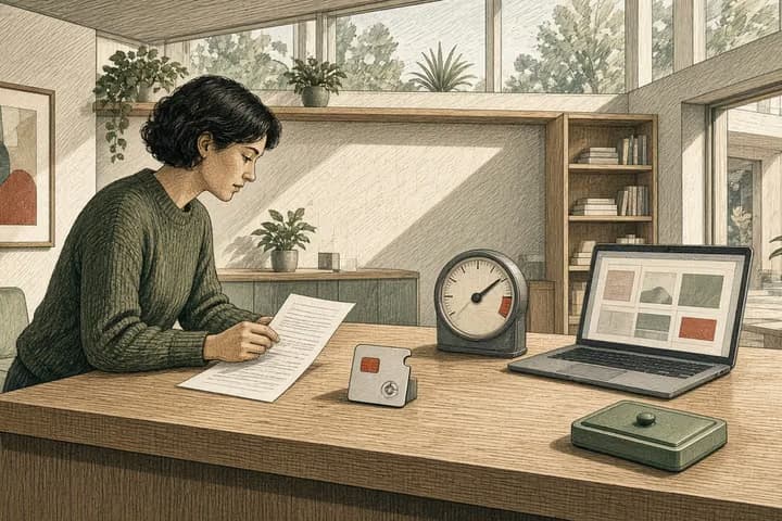 Cross-hatched colored editorial engraving of a person at a bright daylight counter reviewing a shopping agent’s proposed purchase: paper order slip, limited-use payment token with terracotta ceiling chip, and an analog amount gauge below a max mark, with a laptop showing abstract proposal blocks; muted palette, fine grain, modern tech and analog together.