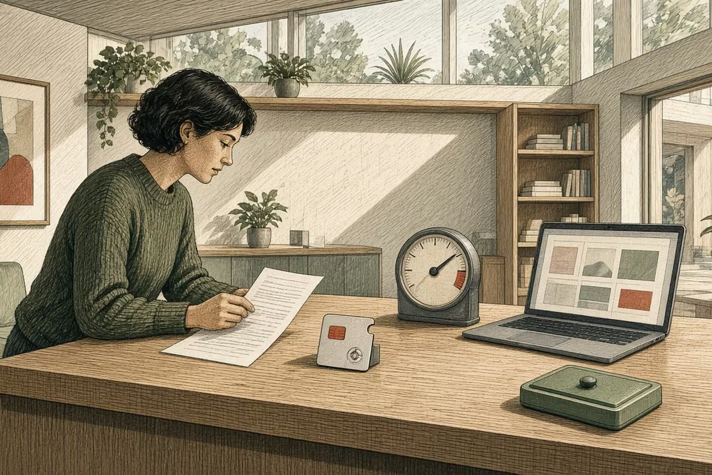Cross-hatched colored editorial engraving of a person at a bright daylight counter reviewing a shopping agent’s proposed purchase: paper order slip, limited-use payment token with terracotta ceiling chip, and an analog amount gauge below a max mark, with a laptop showing abstract proposal blocks; muted palette, fine grain, modern tech and analog together.